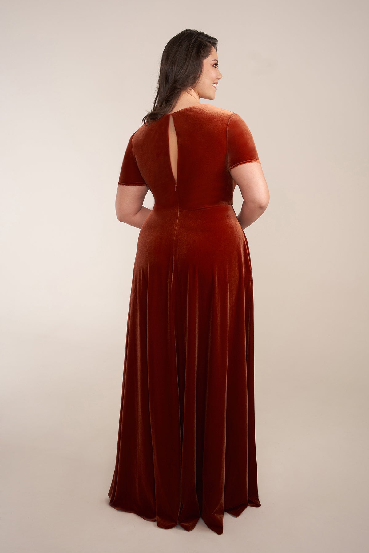 Custom Gown | Elegant A-Line Stretch Velvet Gown with Queen Anne Neckline and Short Sleeves