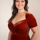 Custom Gown | Elegant A-Line Stretch Velvet Gown with Queen Anne Neckline and Short Sleeves