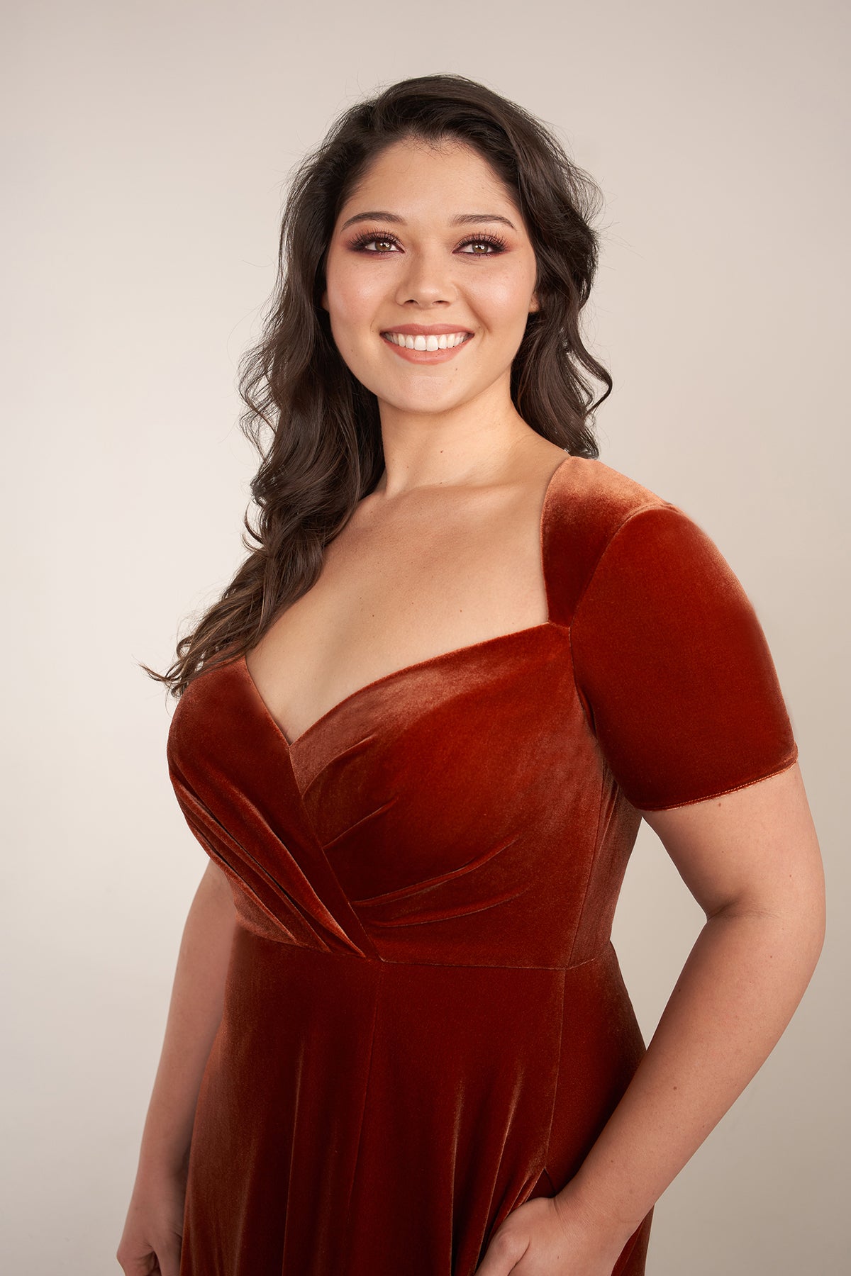 Custom Gown | Elegant A-Line Stretch Velvet Gown with Queen Anne Neckline and Short Sleeves