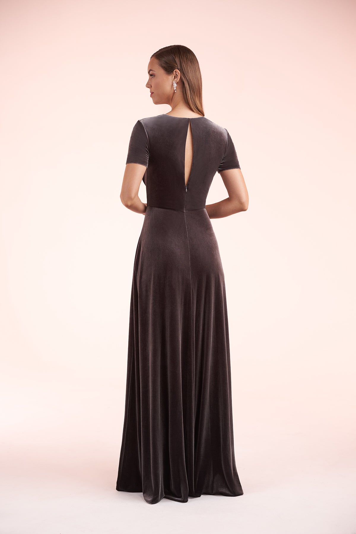 Custom Gown | Elegant A-Line Stretch Velvet Gown with Queen Anne Neckline and Short Sleeves