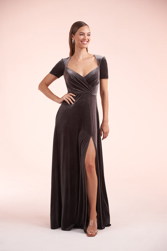 Custom Gown | Elegant A-Line Stretch Velvet Gown with Queen Anne Neckline and Short Sleeves