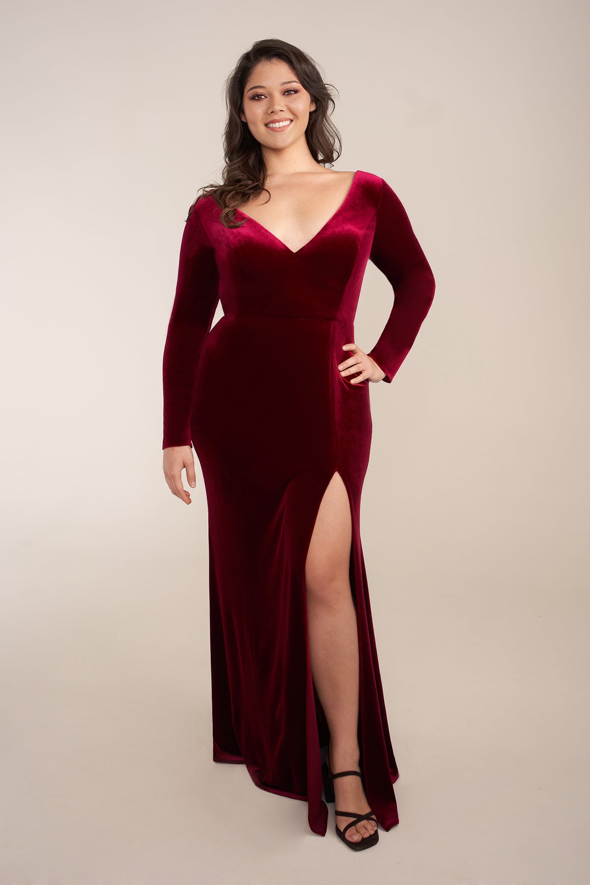 Custom Gown | Gorgeous Fit and Flare Stretch Velvet Gown with V-Neckline and Long Sleeves