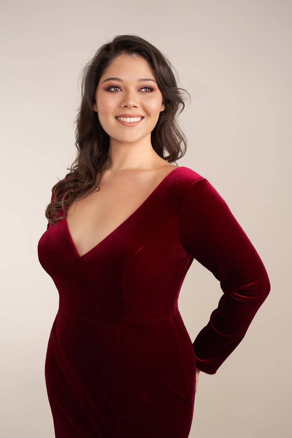 Custom Gown | Gorgeous Fit and Flare Stretch Velvet Gown with V-Neckline and Long Sleeves
