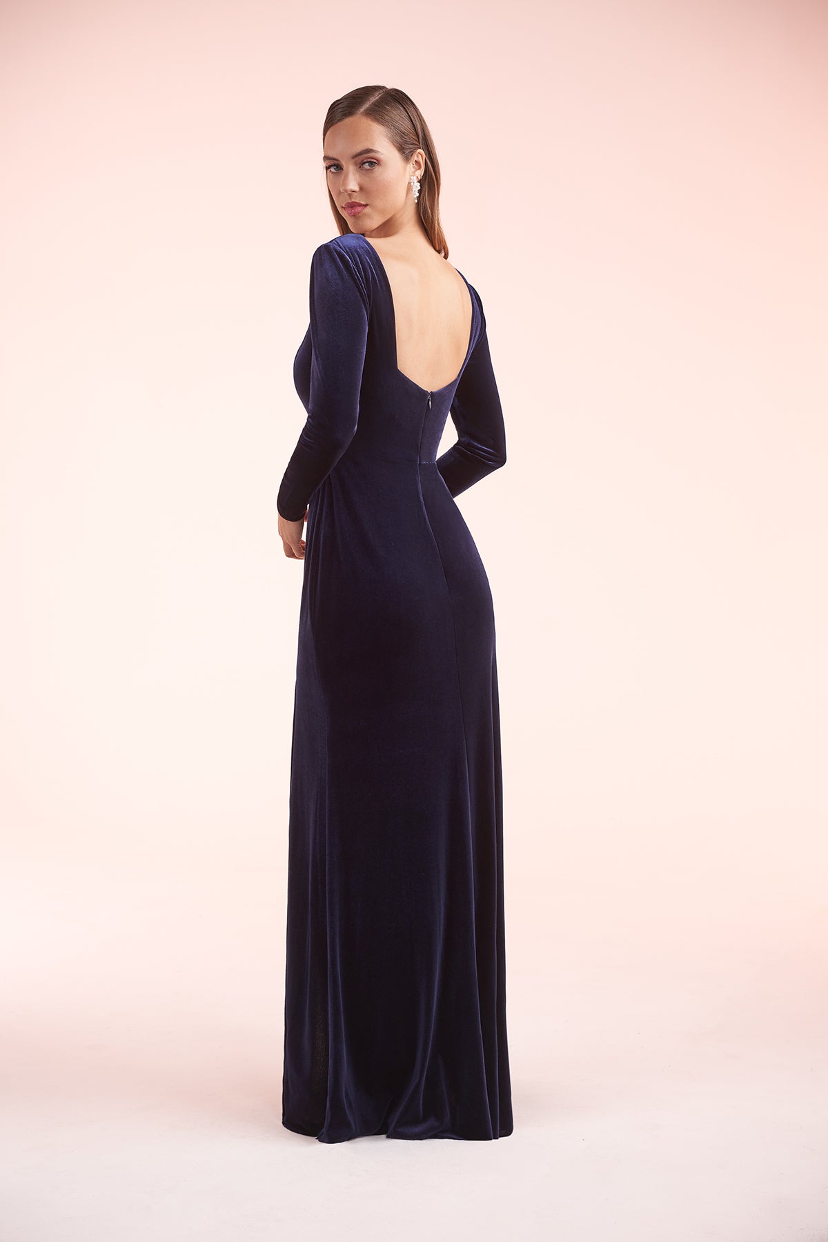 Custom Gown | Gorgeous Fit and Flare Stretch Velvet Gown with V-Neckline and Long Sleeves