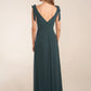 Custom Gown | Refined Poly Chiffon A-line Gown with Draped Bodice and Shoulder Bows