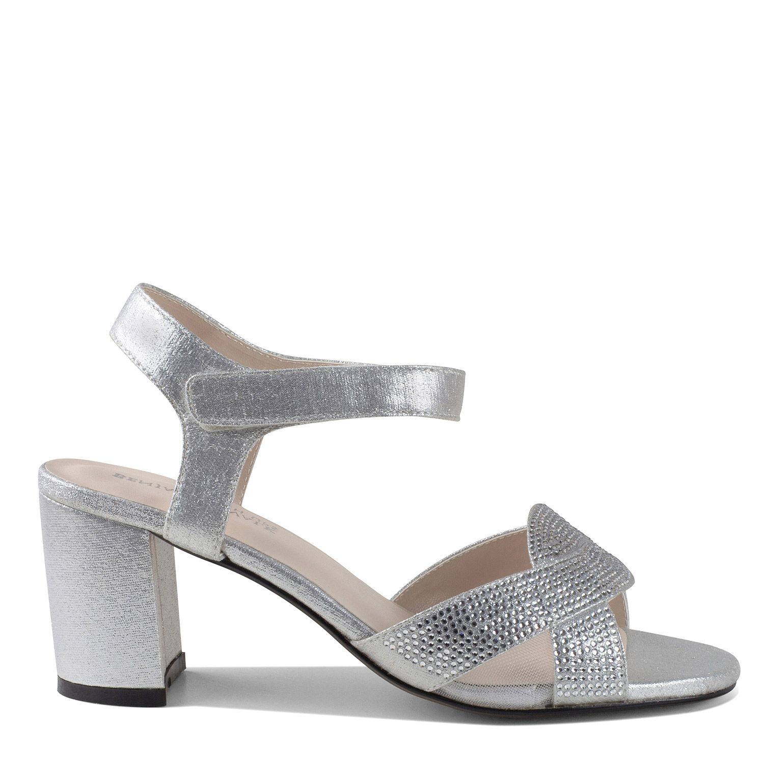 Side view 2.25 inch silver shimmer shoe with block heel