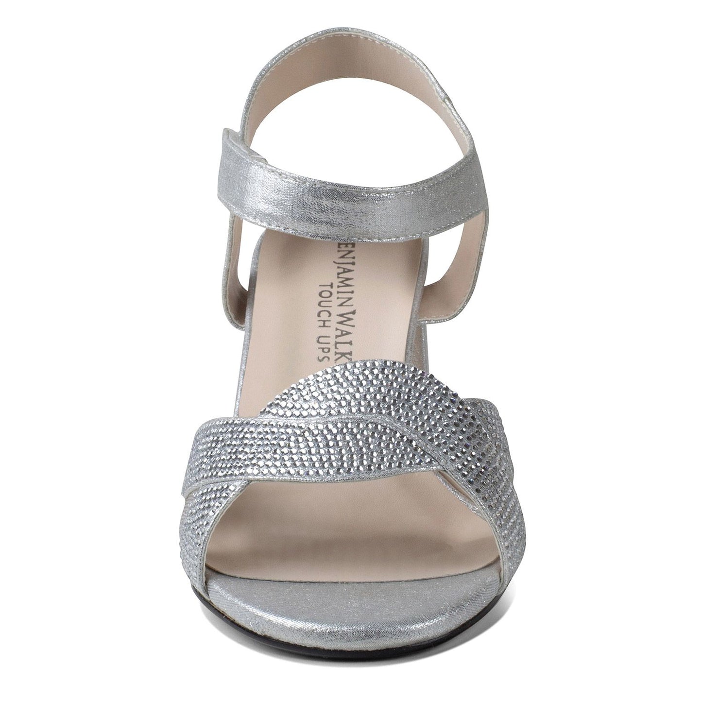 Front view of 2.25 inch silver shimmer shoe with block heel