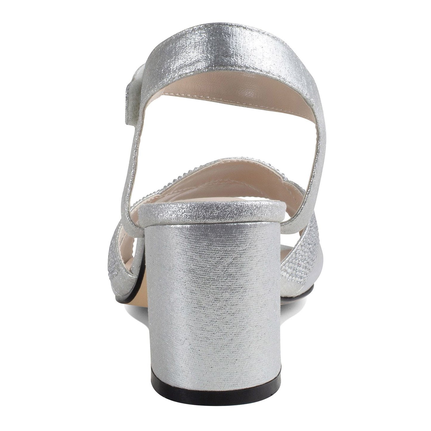Back view of 2.25 inch silver shimmer shoe with block heel