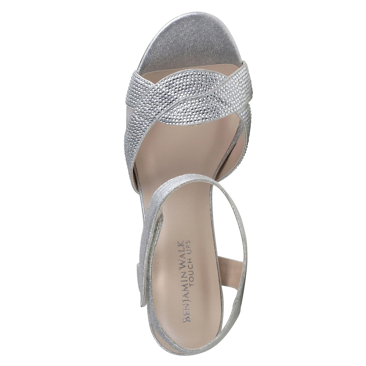 Overhead view of 2.25 inch silver shimmer shoe with block heel