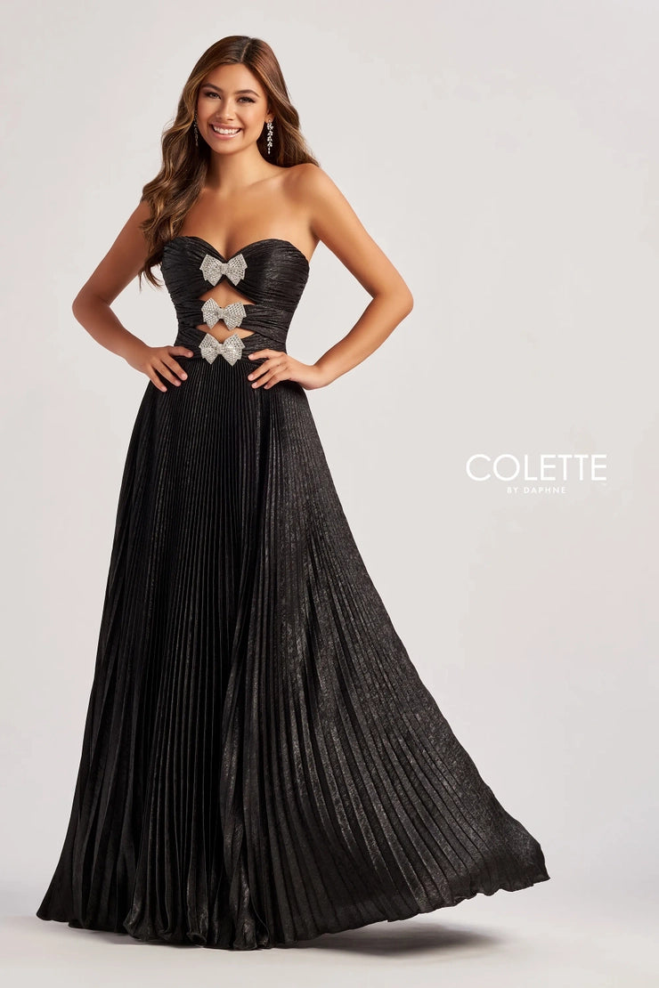 Colette by Daphne CL8520 Long Formal Pleated A Line Metallic Prom Dress