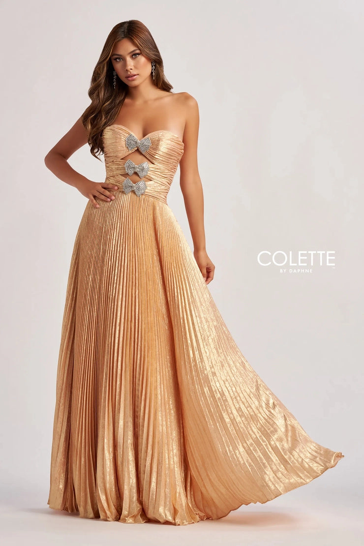 Colette by Daphne CL8520 Long Formal Pleated A Line Metallic Prom Dress