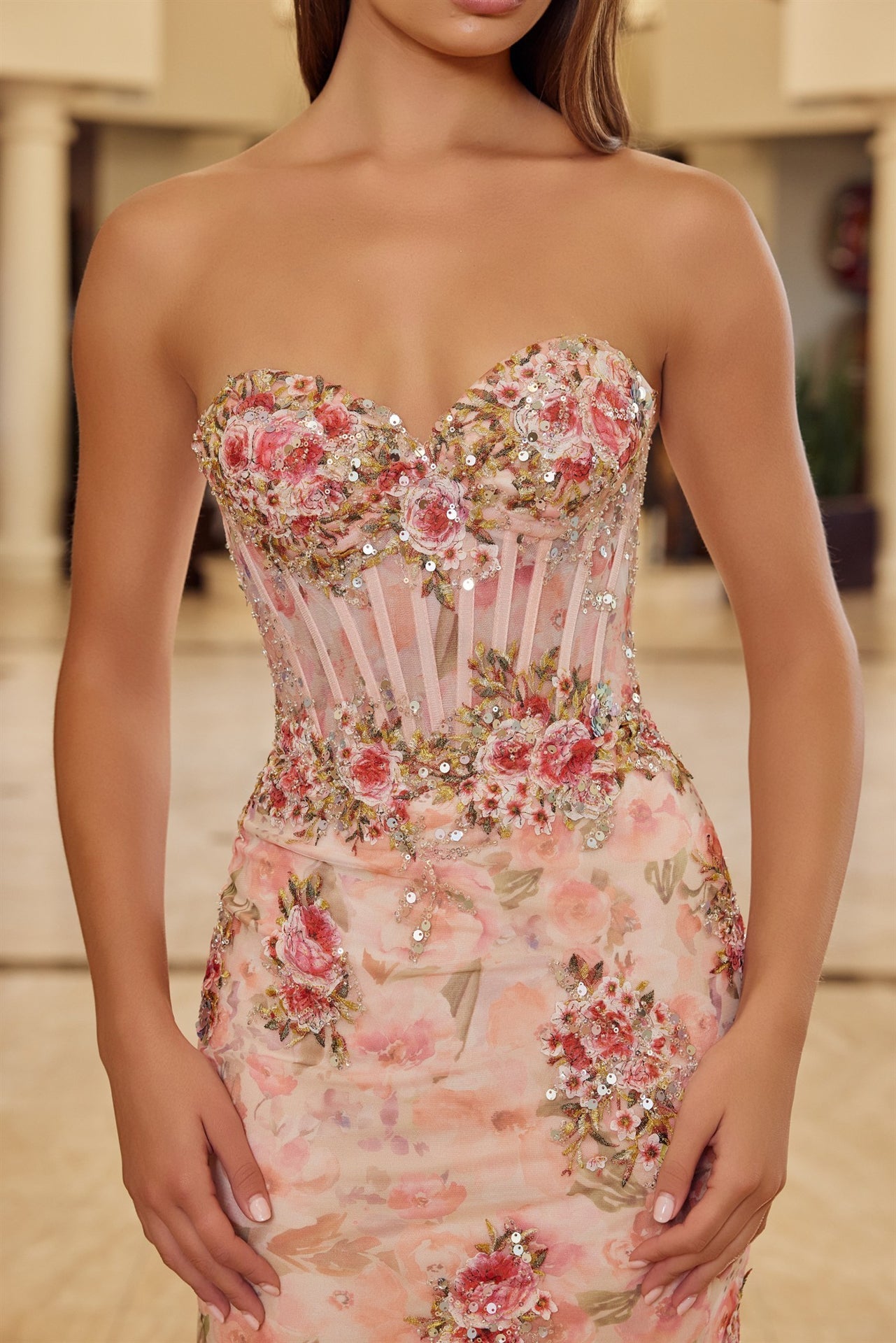 Flower Embroirdered Strappless Prom Dress