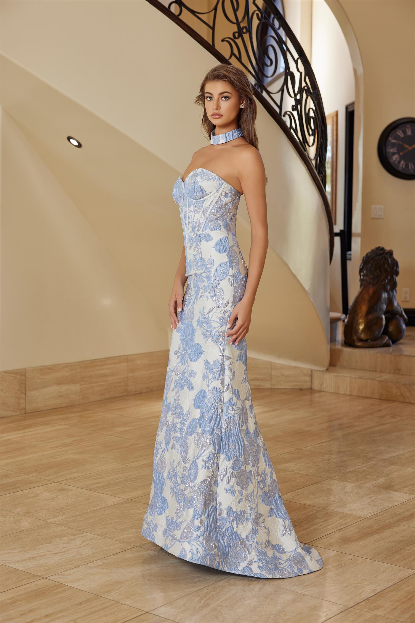 Long Strapless Jacquard Gown with Trumpet Skirt