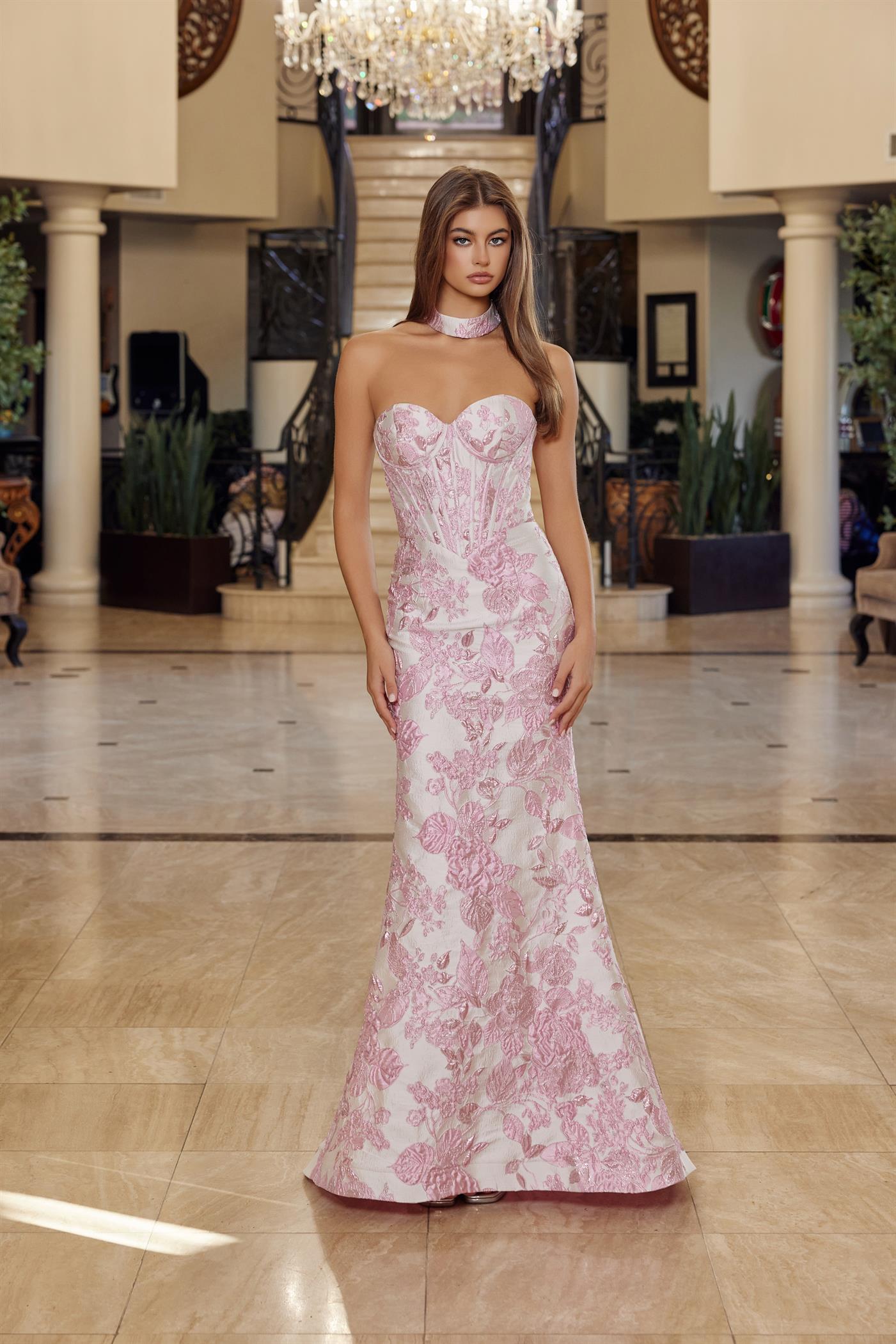Long Strapless Jacquard Gown with Trumpet Skirt