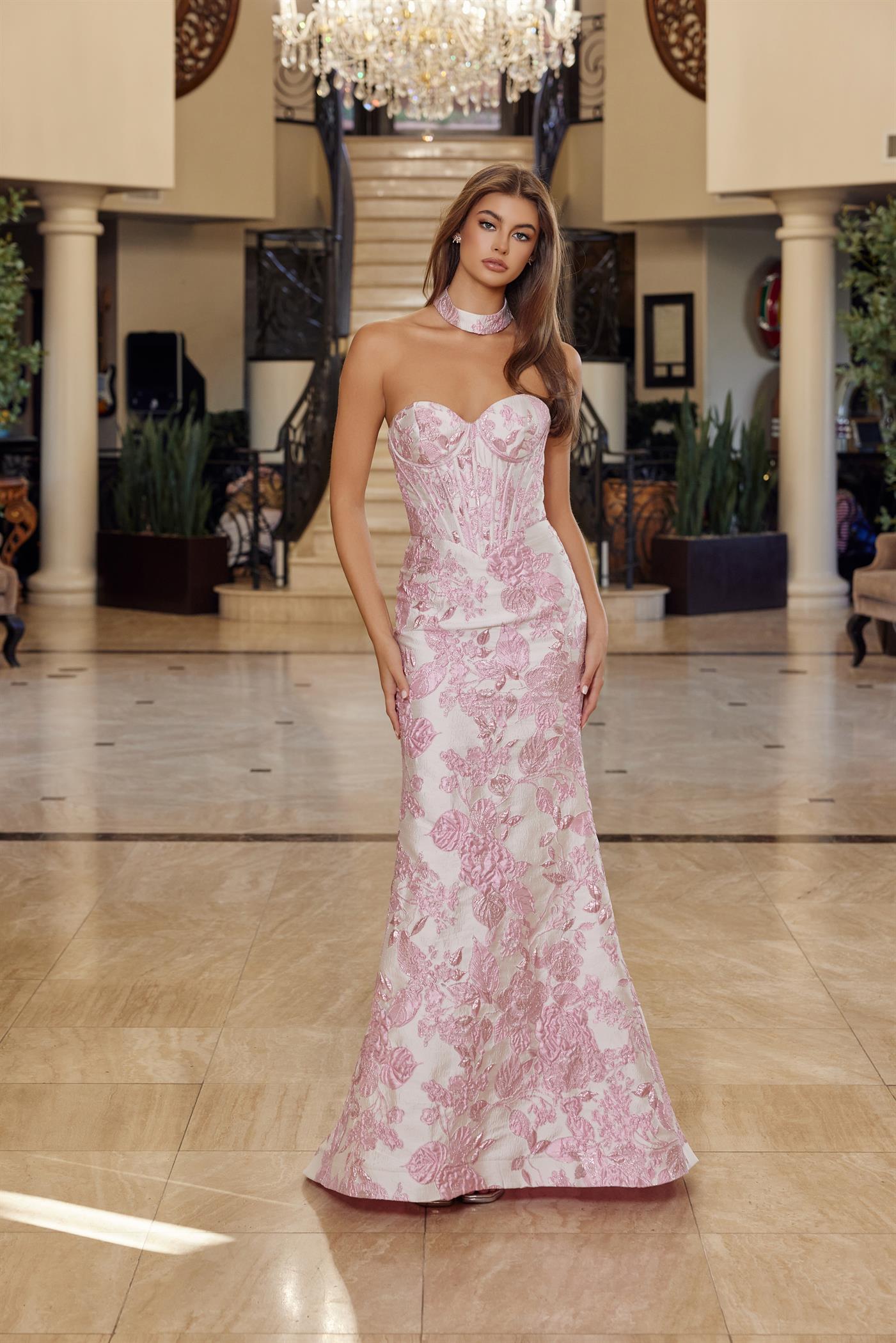 Long Strapless Jacquard Gown with Trumpet Skirt