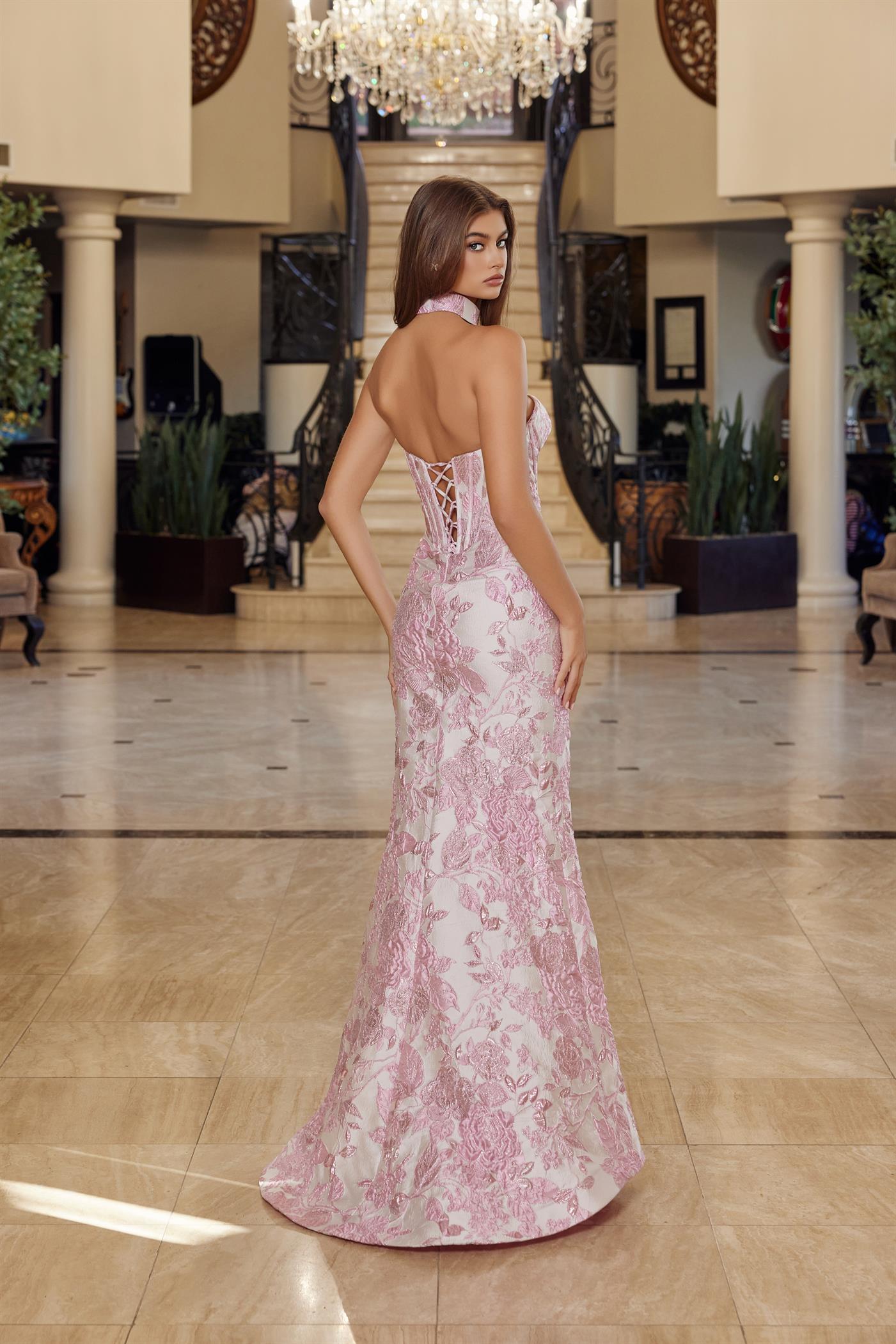 Long Strapless Jacquard Gown with Trumpet Skirt