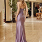 Long Fitted Satin Dress with Sheer Boned Applique Waistline
