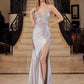 Long Fitted Satin Dress with Sheer Boned Applique Waistline