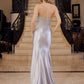 Long Fitted Satin Dress with Sheer Boned Applique Waistline