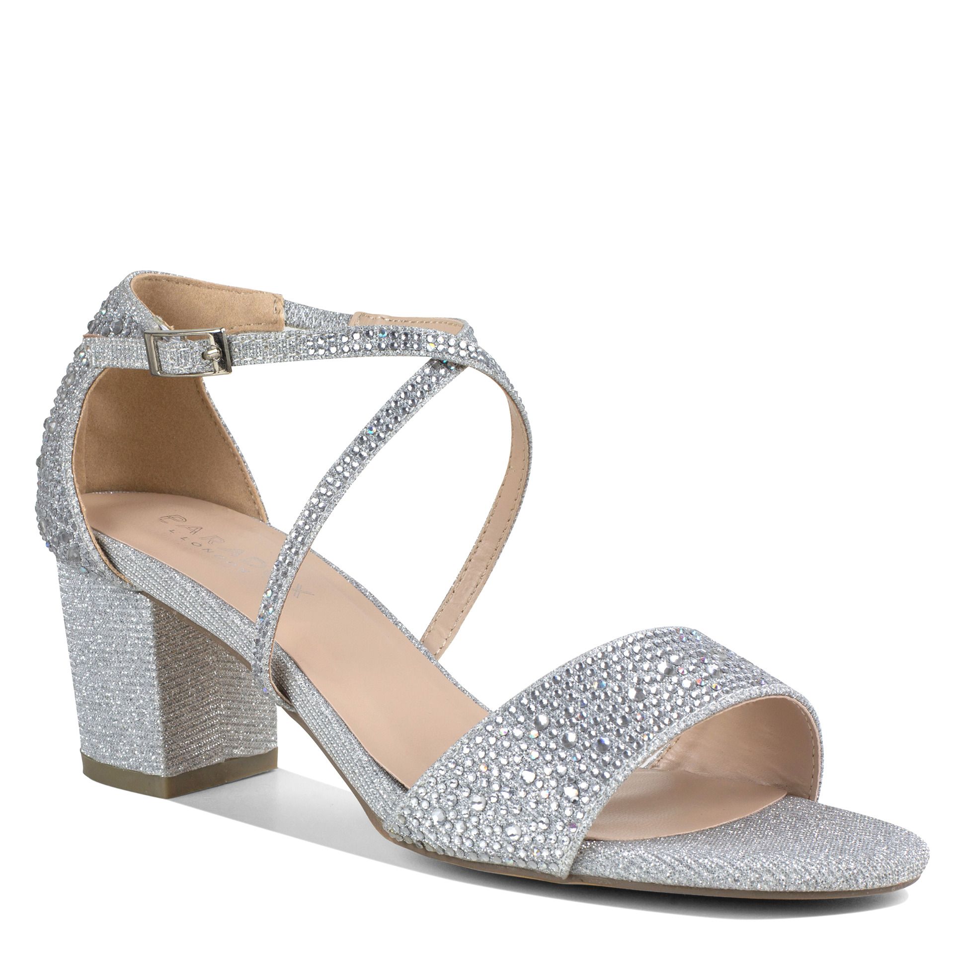 Metallic silver shoe with 2" block heel and criss cross straps