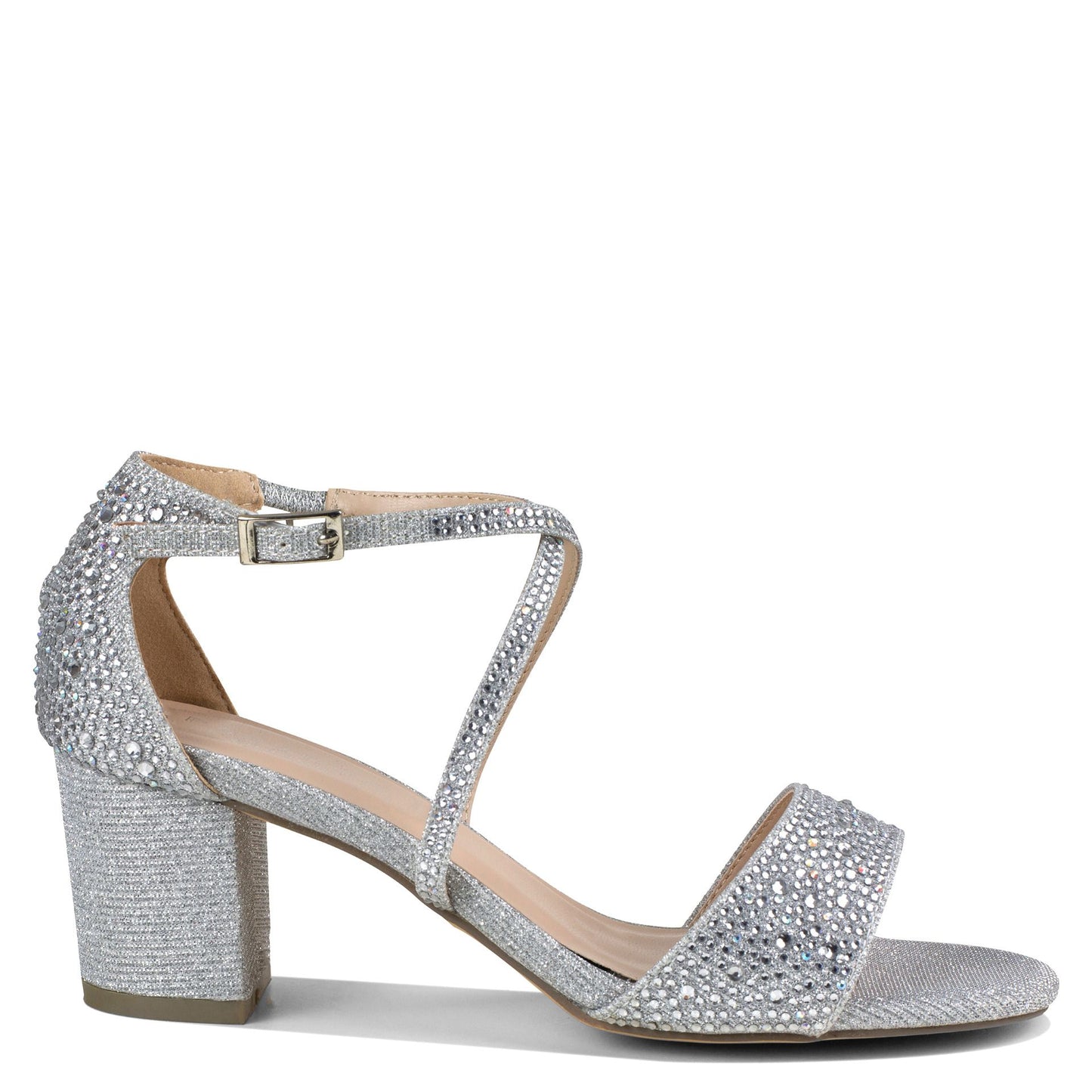 Side view of Metallic silver shoe with 2" block heel and criss cross straps