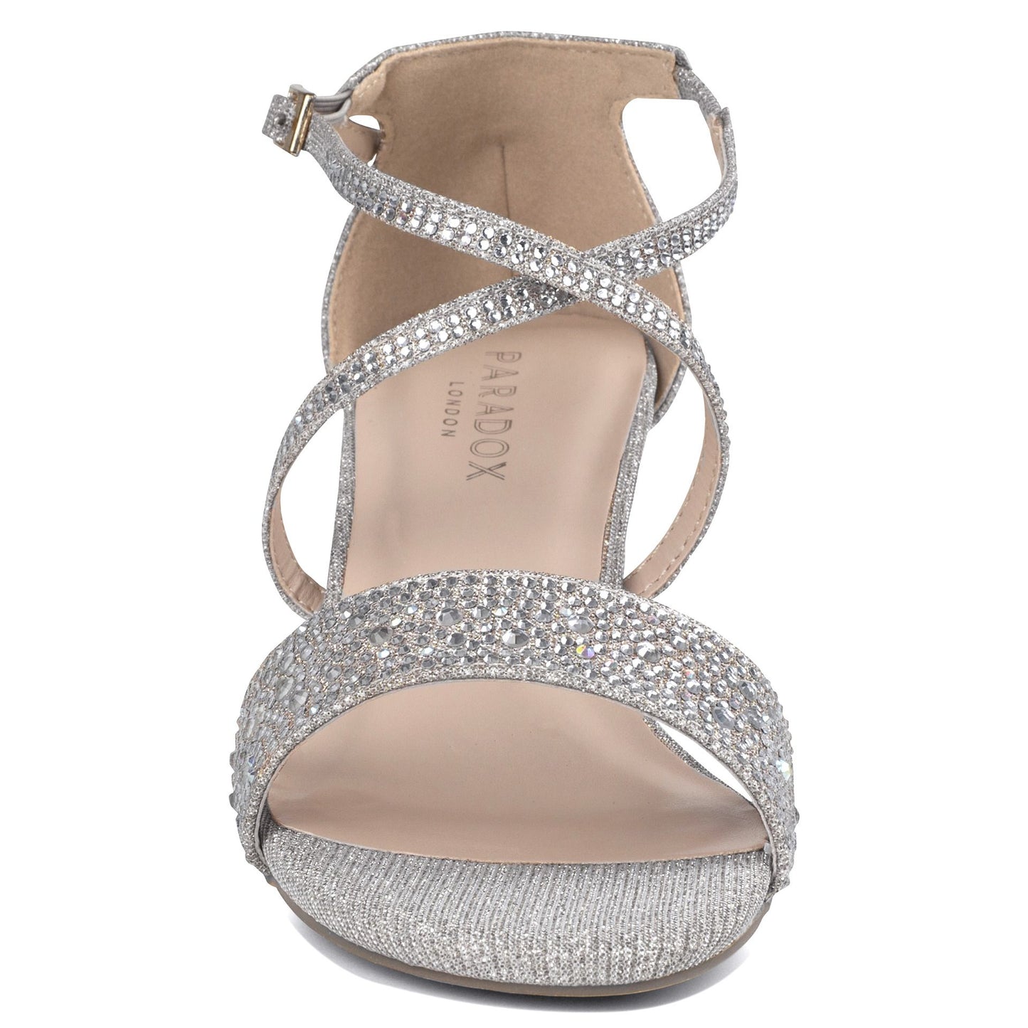Front view of Metallic silver shoe with 2" block heel and criss cross straps