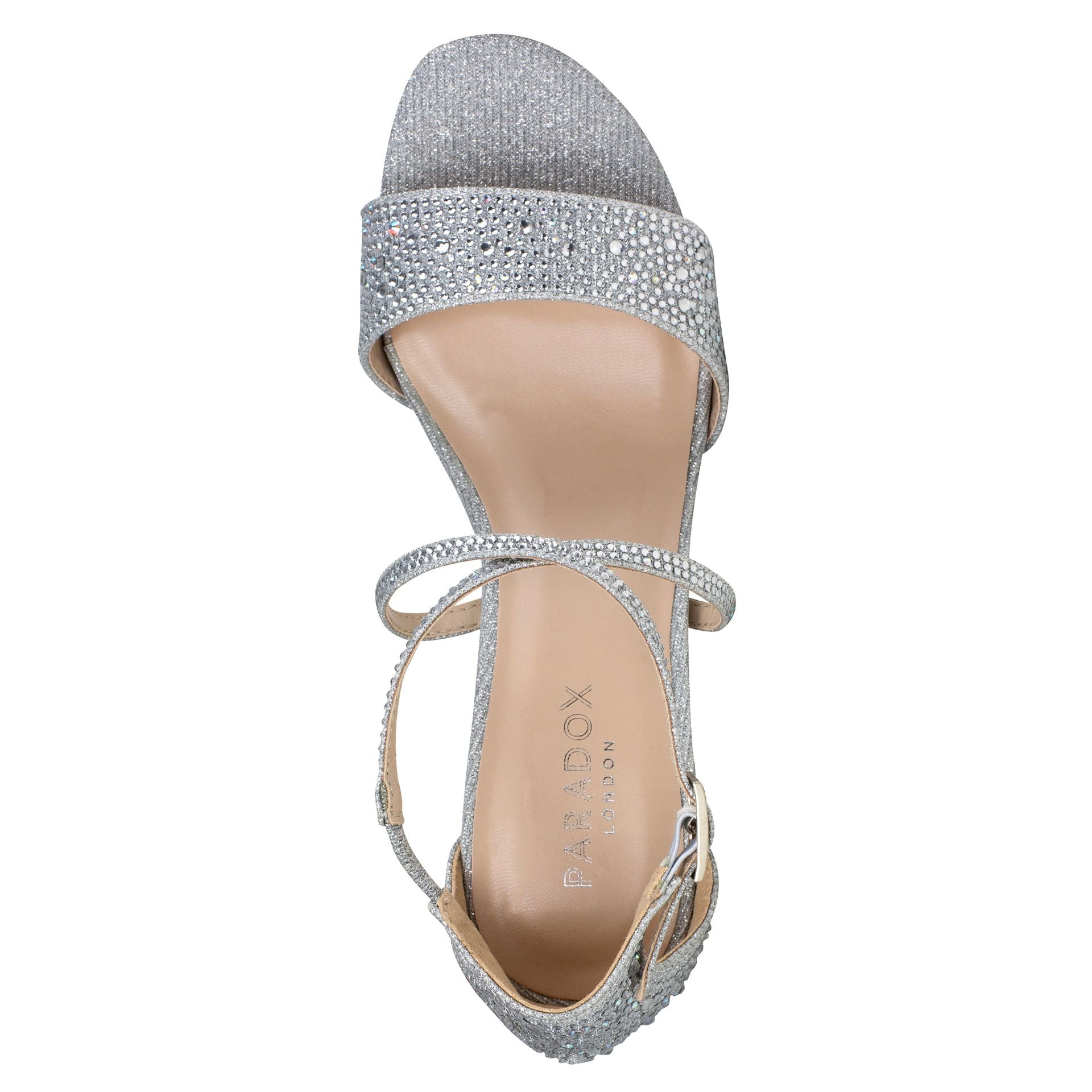 Overhead view of Metallic silver shoe with 2" block heel and criss cross straps