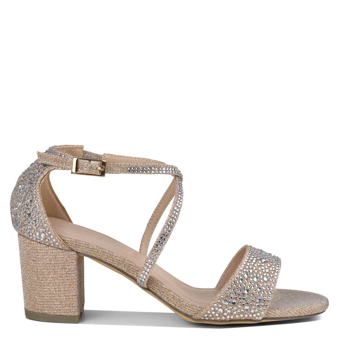 Side view of Metallic champage and rhinestone shoe with 2" block heel and criss cross straps