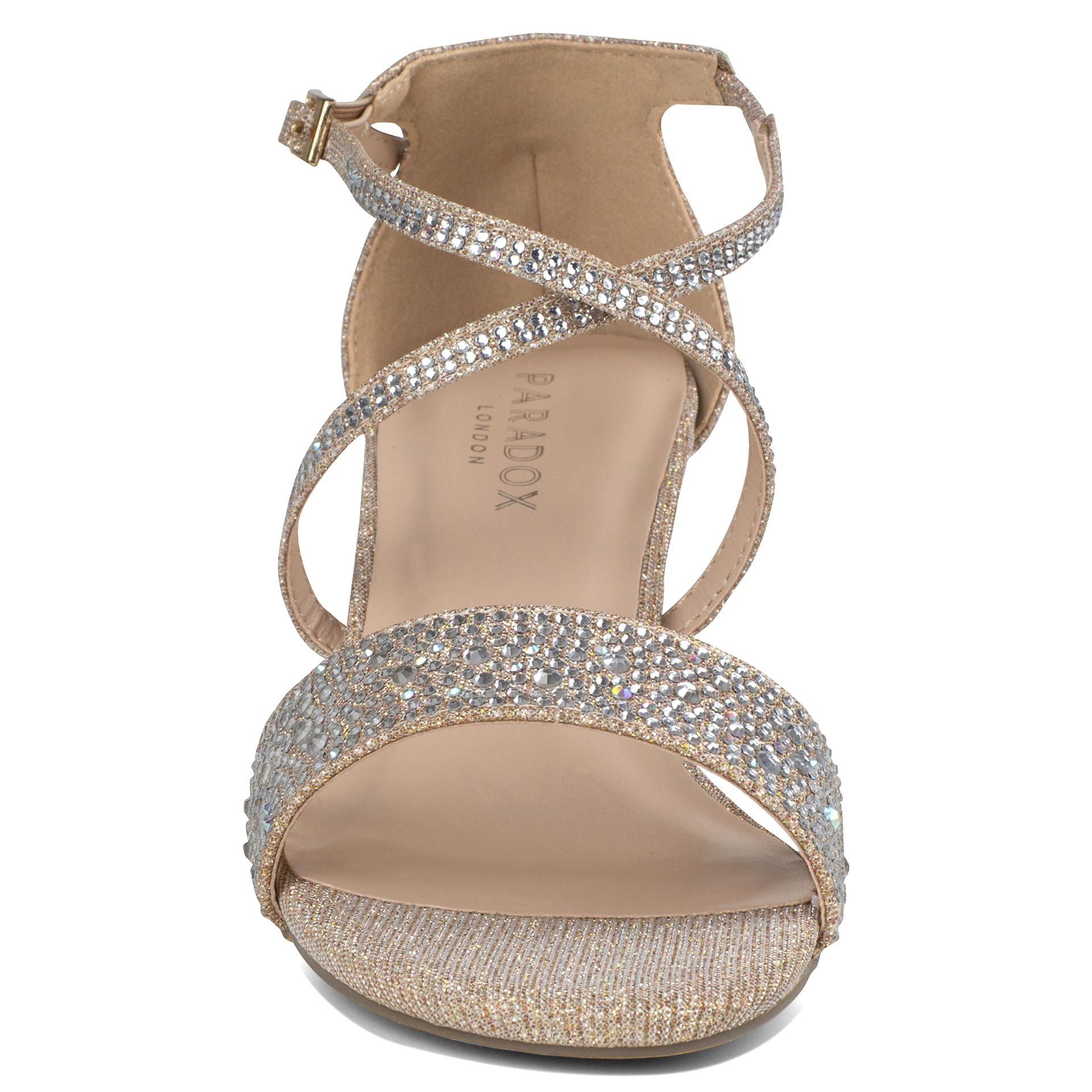Front view of Metallic champage and rhinestone shoe with 2" block heel and criss cross straps