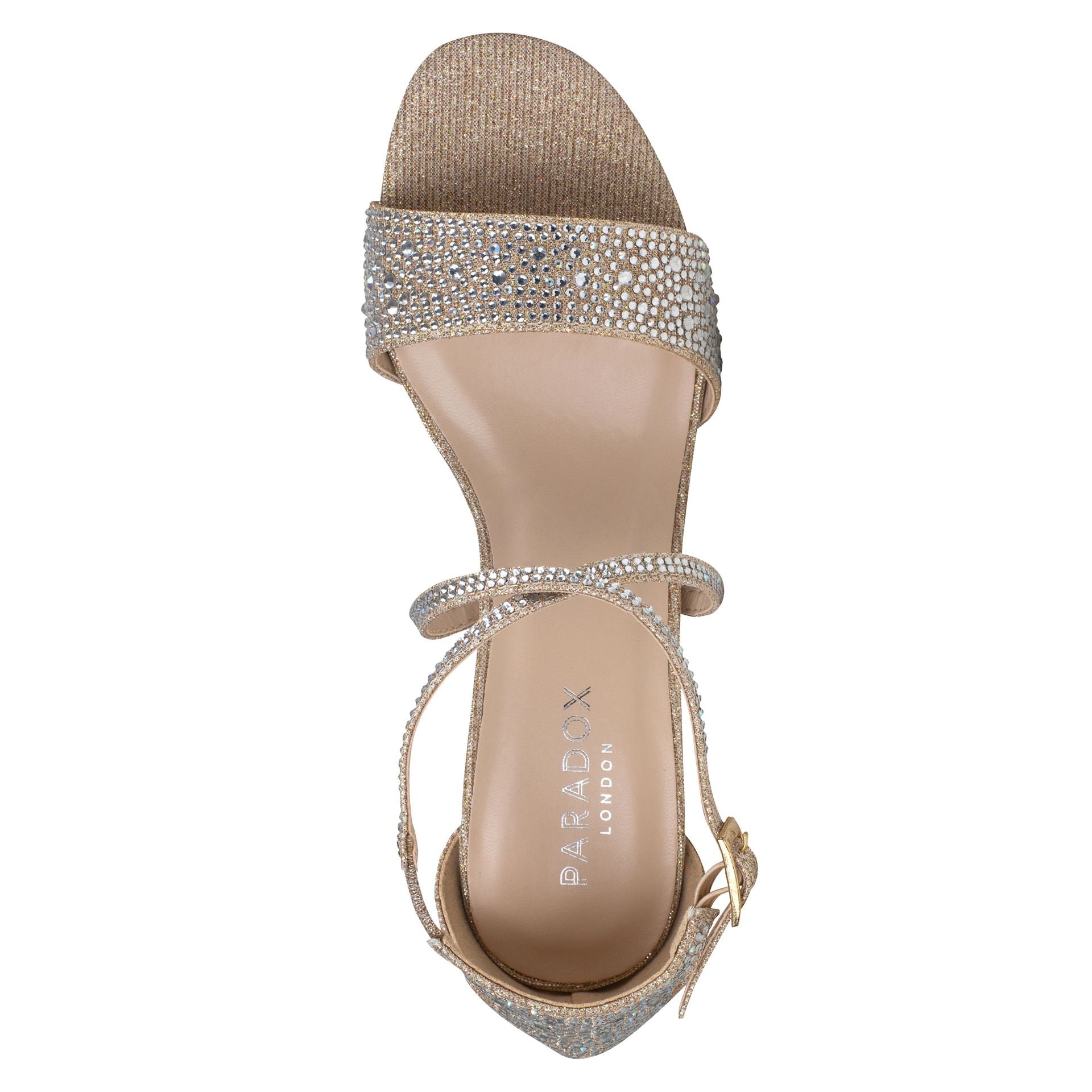 Overhead view of Metallic champage and rhinestone shoe with 2" block heel and criss cross straps