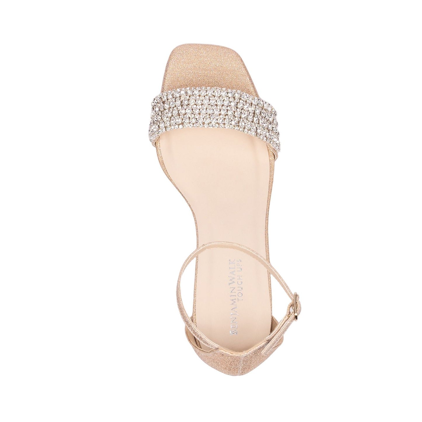 Overhead view of Champagne 2.25 inch heeled shoe with rhinestone detail and ankle strap