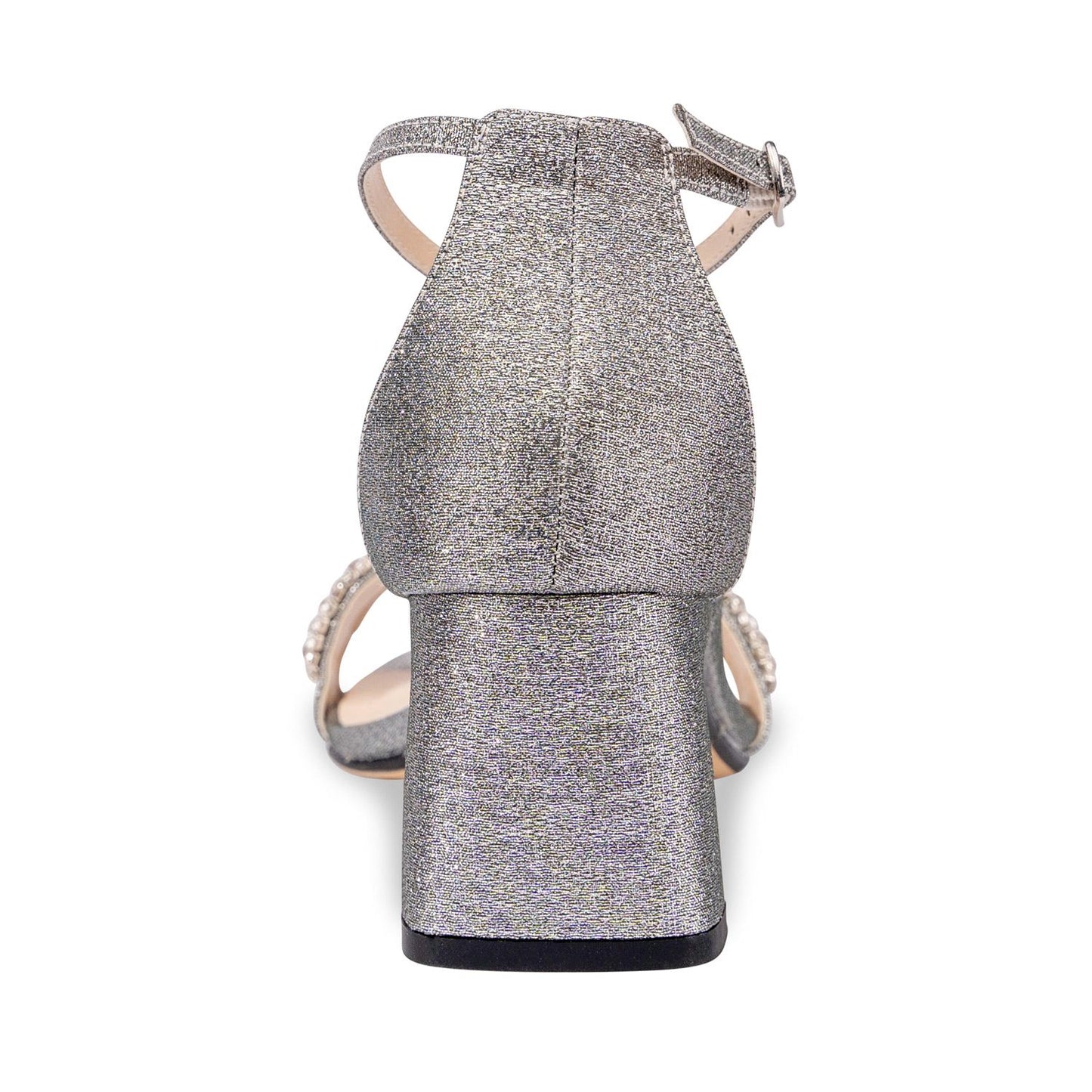 Pewter 2.25 inch heal with rhinestone detail and ankle strap