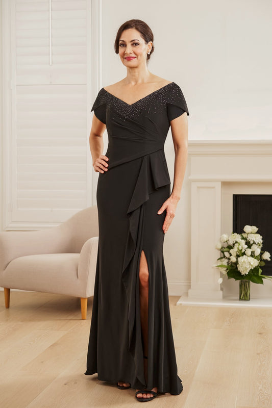 K248055 -Beautiful Matte Jersey Fit & Flare Dress with Portrait Neckline and Asymmetrical Waistline with Ruffles-999 FORMAL - MOB-FORMAL SOCIETY