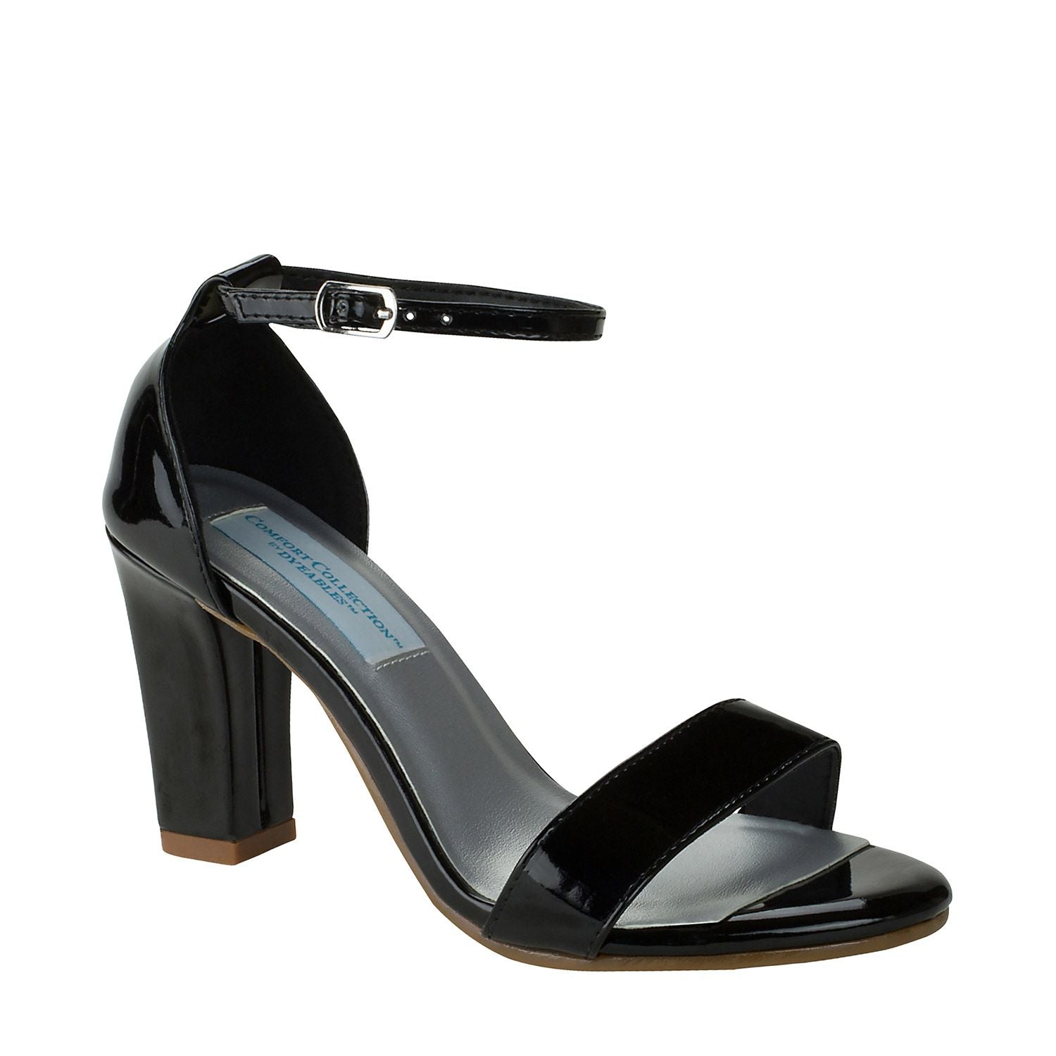 Black open toe shoe with 2.5" heel and ankle strap