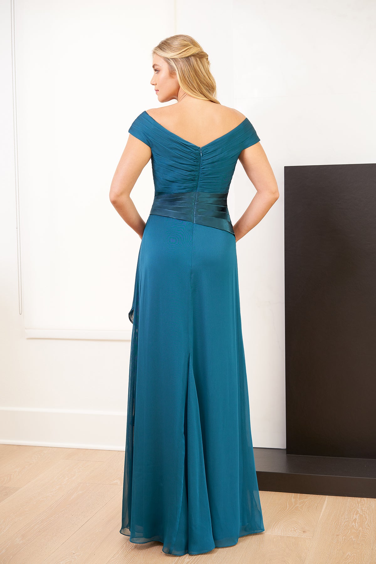 J1161 Long Portrait Neckline Tiffany Chiffon Dress with Accent Satin Waistband and Sash
