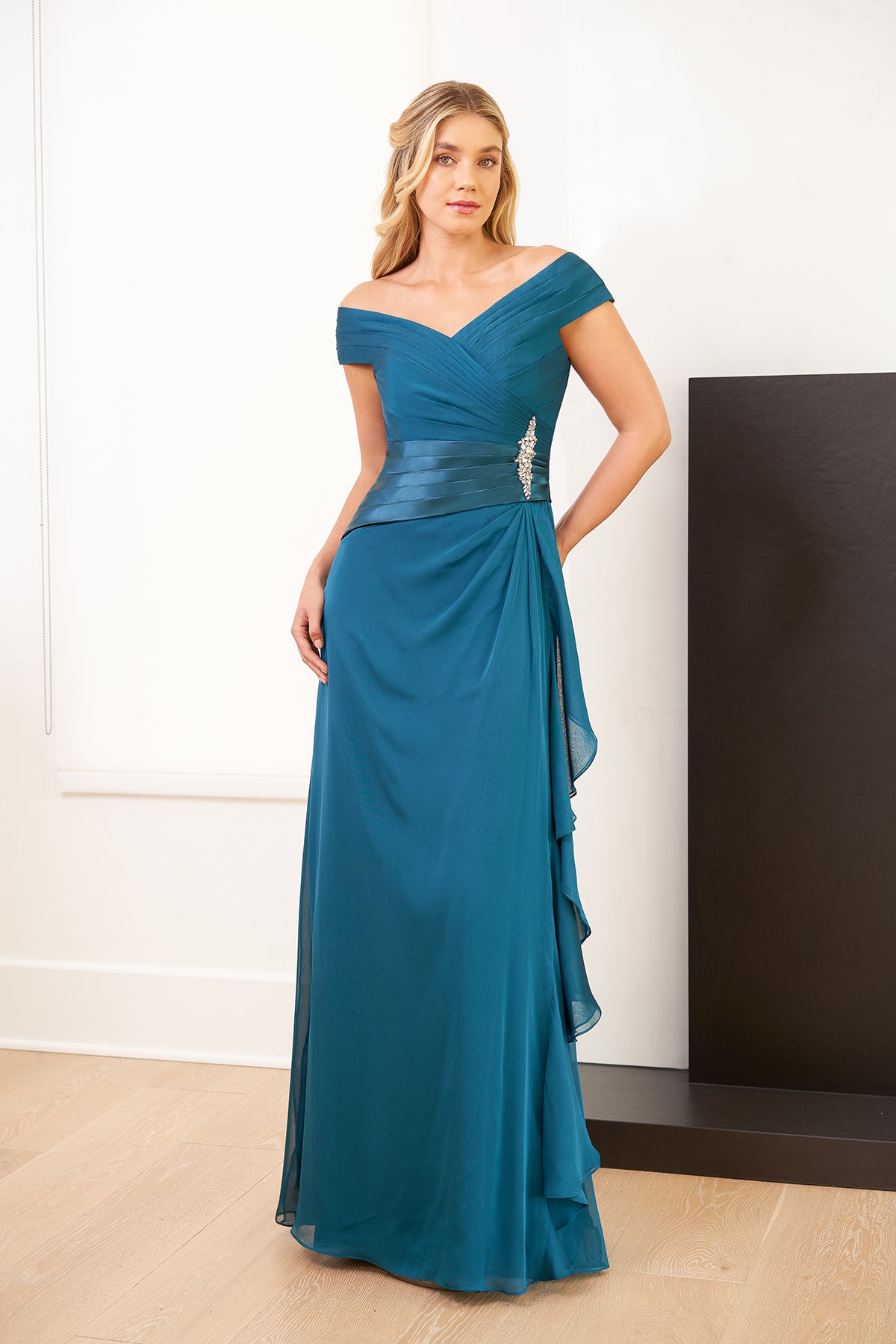 J1161 Long Portrait Neckline Tiffany Chiffon Dress with Accent Satin Waistband and Sash