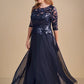 J195014 Long Boat Neckline Sequin Lace & Chiffon MOB Dress with Sleeves