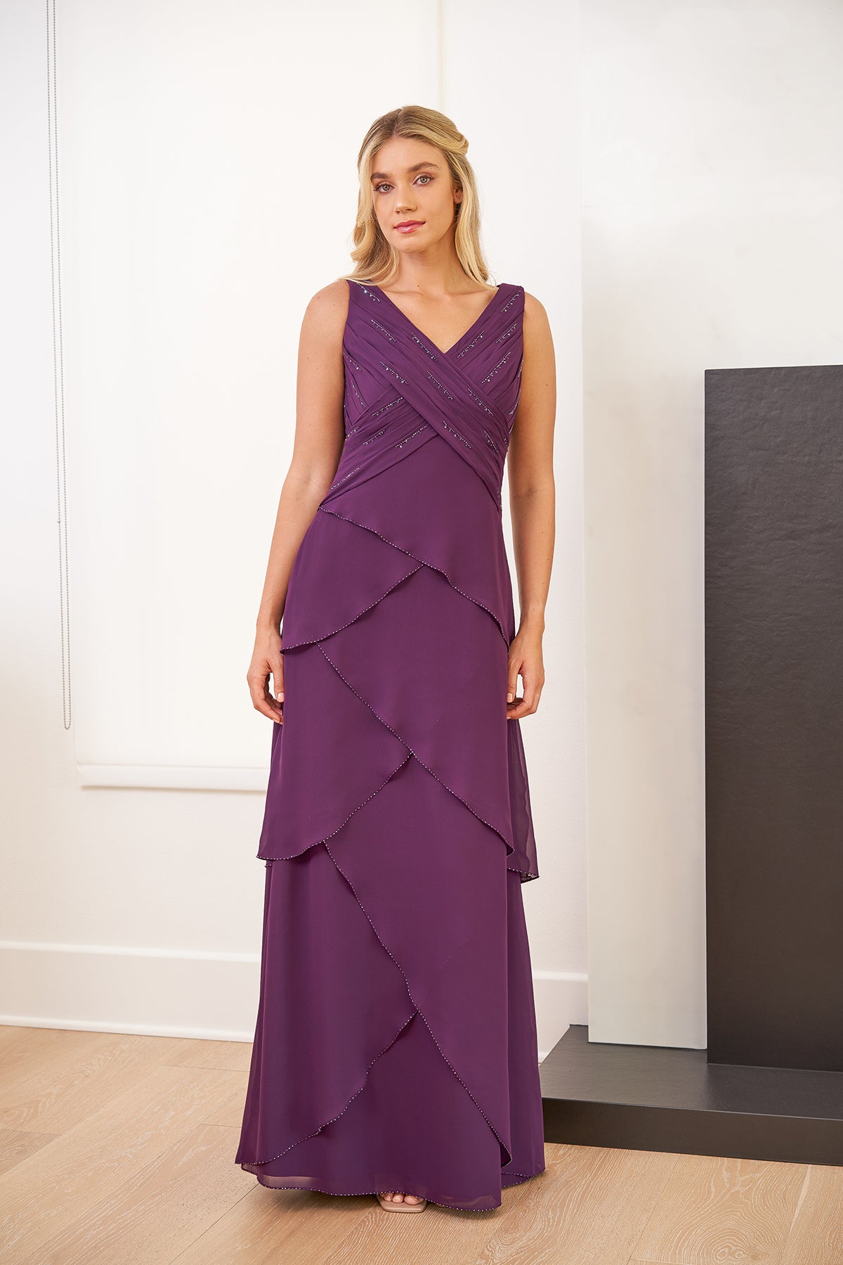 J8807 Long V-neck Chiffon MOB Dress with Shawl