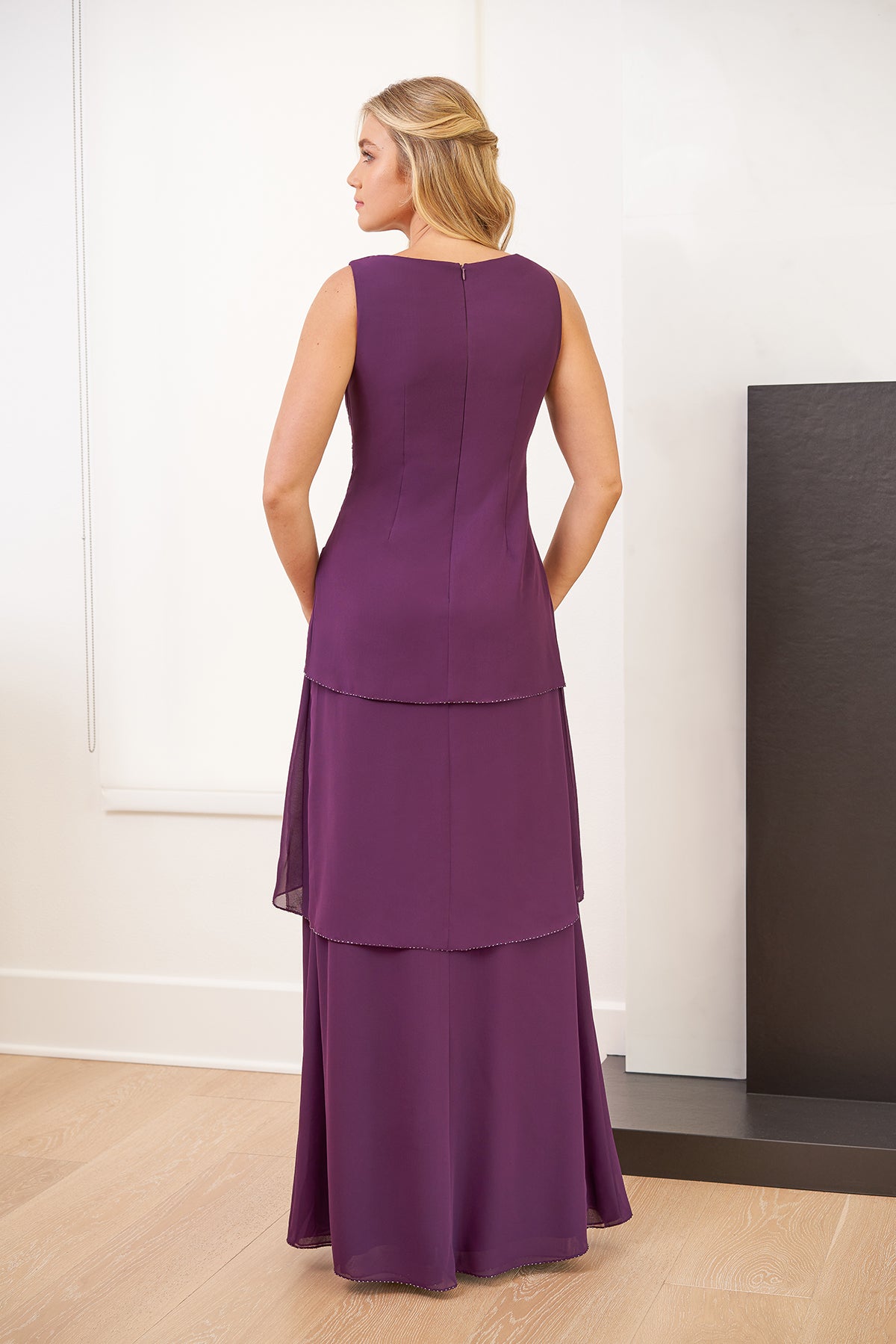 J8807 Long V-neck Chiffon MOB Dress with Shawl