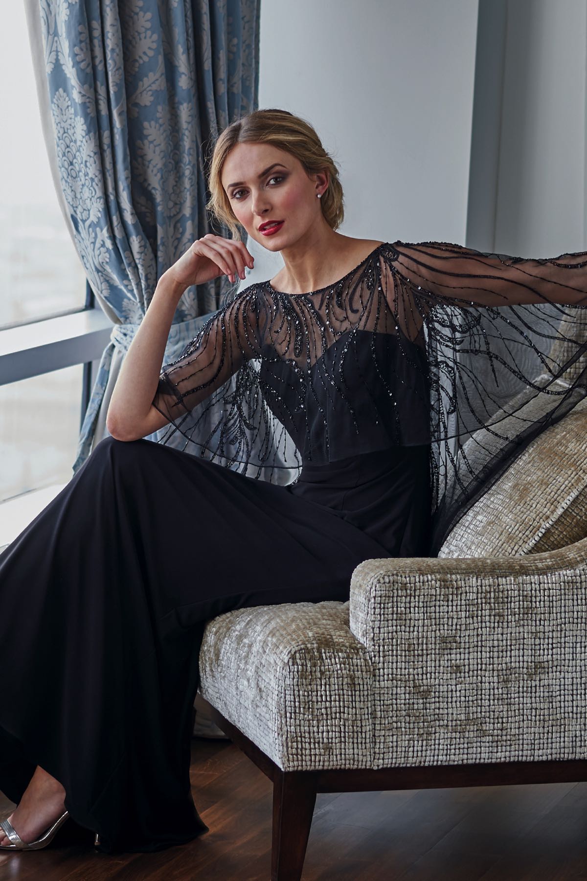 K218054 Matte Jersey MOB Dress with Beaded Cape & Boat Neckline