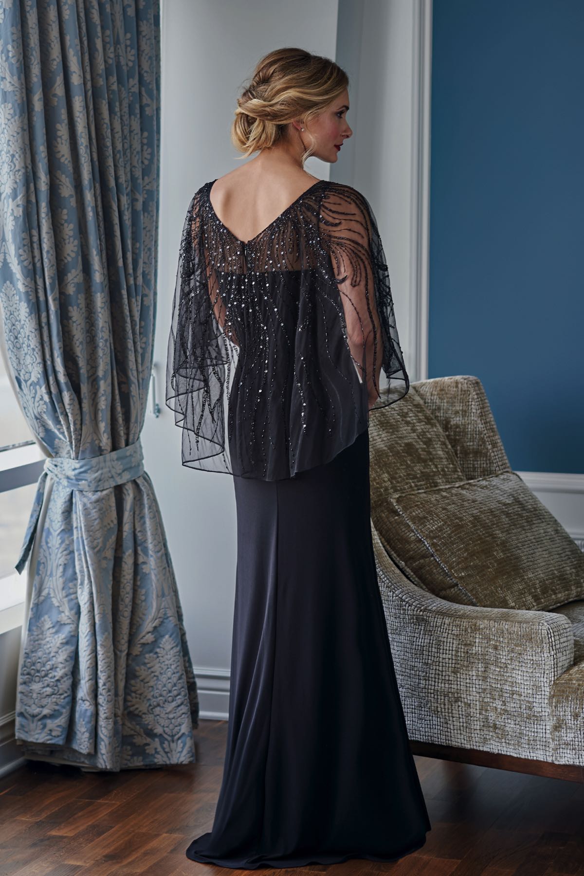 K218054 Matte Jersey MOB Dress with Beaded Cape & Boat Neckline