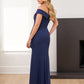 K268001 Elegant Stretch Soft Crepe Fit and Flare Gown with Criss Cross Portrait Neckline and Asymmetrical Gathers