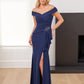 K268001 Elegant Stretch Soft Crepe Fit and Flare Gown with Criss Cross Portrait Neckline and Asymmetrical Gathers