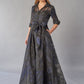 K268064 Elegant Jacquard Gown with Shirt Collar Neckline and Quarter Sleeves with Cuffs