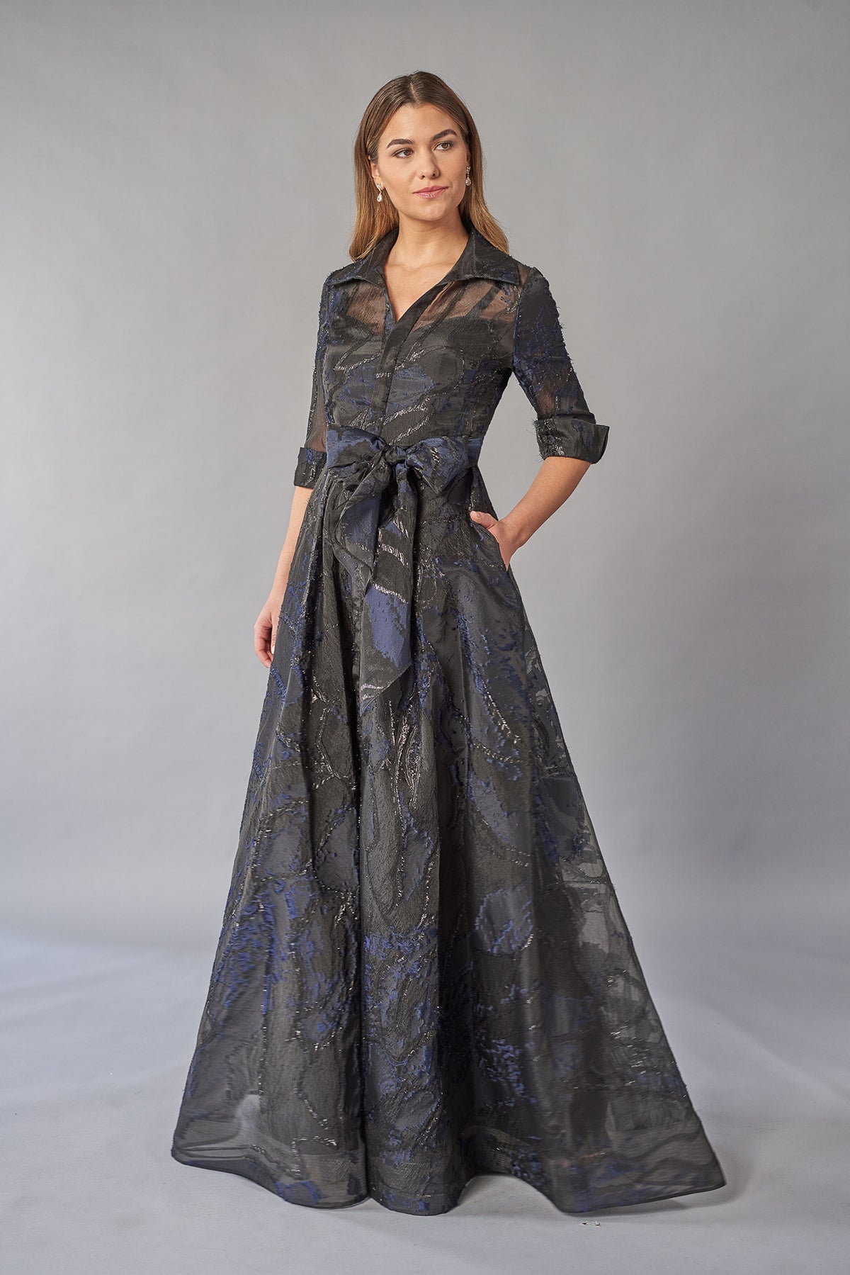 K268064 Elegant Jacquard Gown with Shirt Collar Neckline and Quarter Sleeves with Cuffs