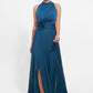 K278011 Dreamy Jade Tiffany Chiffon A-line Gown with Halter Neckline and Ruched Waistband with 3D Flower