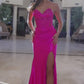 Shiny Satin Strapless Prom Dress with Full Beaded Bustline