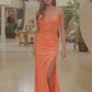 Glitter Stretch Satin Prom Dress with Spaghetti Straps