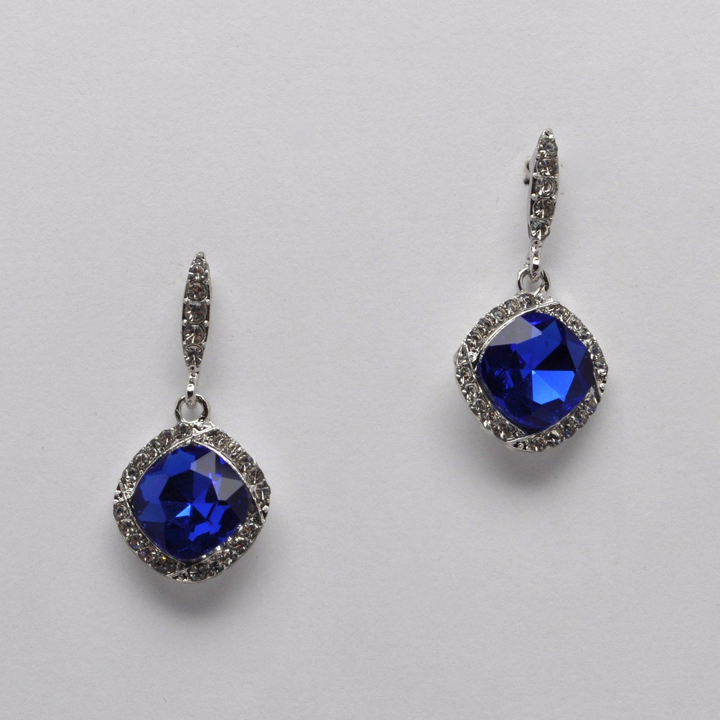 Square Drop Crystal Earring - Sapphire/Silver