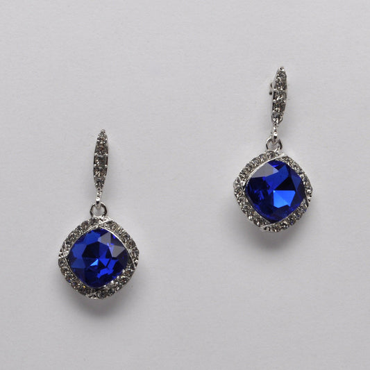 Square Drop Crystal Earring - Sapphire/Silver